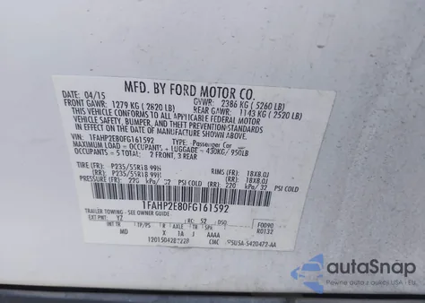 2015 Ford Taurus Sel из США, поврежденный, VIN 1FAHP2E80FG161592